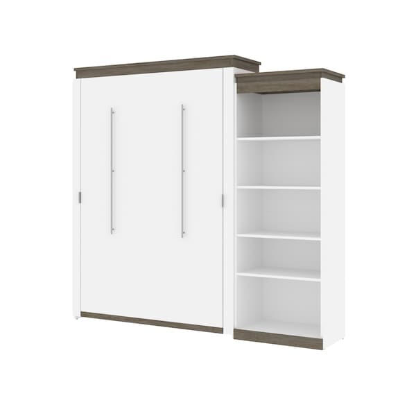 Orion Queen Murphy Bed with Shelving Unit (95W), White & Walnut Grey